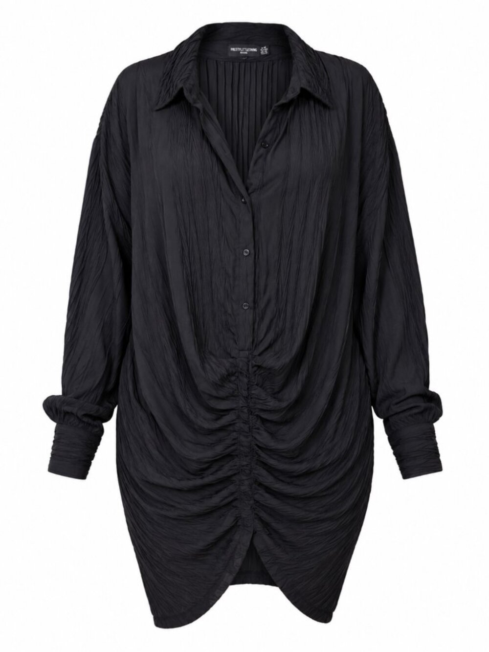 🦋 2/30 PrettyLittleThing Plus Black Pleated Ruched Shirt Dress Size US 20